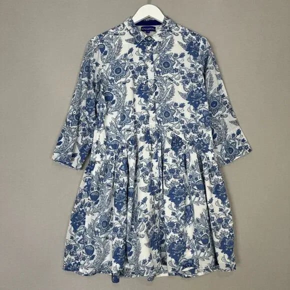 Ro’s Garden Leticia Deauville Mini Shirt Dress Womens Small Blue Floral Cottage - Picture 2 of 14